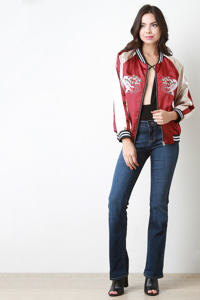 Two Tone Embroidered Charmeuse Bomber Jacket