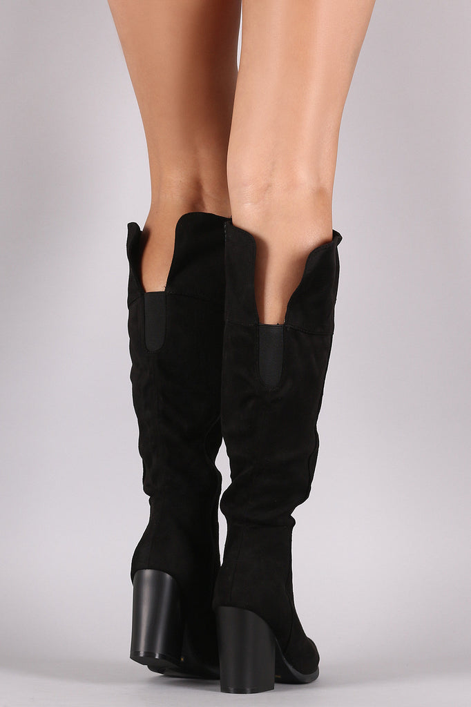 Bamboo Suede Chunky Heel Knee High Boots