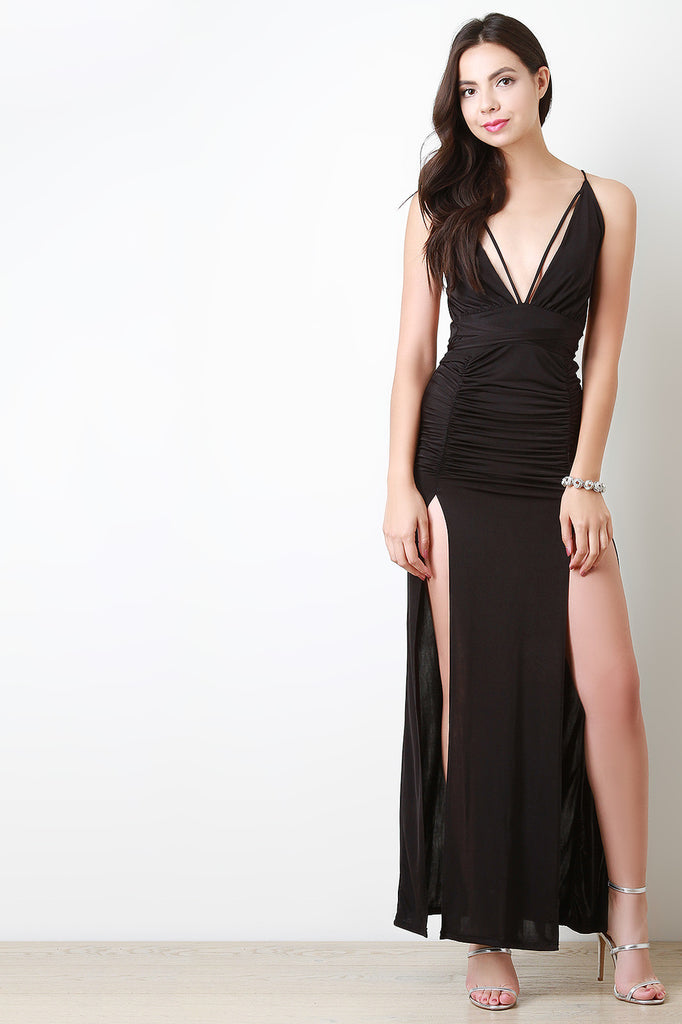 Plunging V Strappy Waist Tie High Slit Shirred Dress