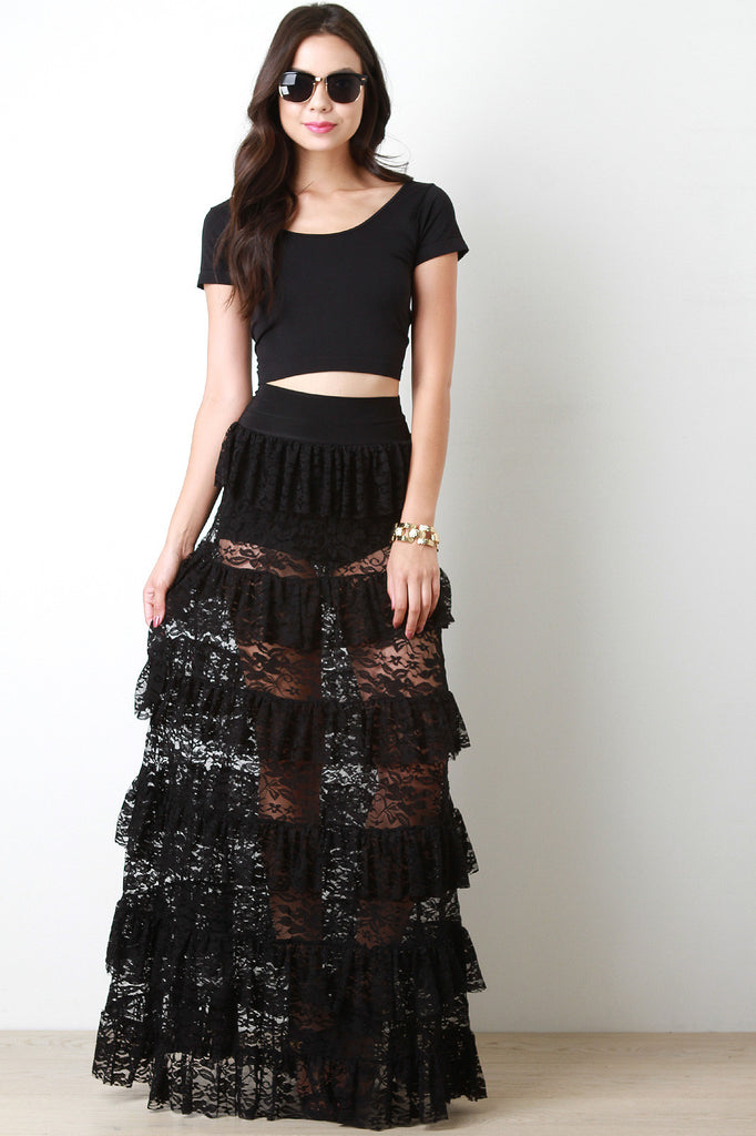 Sheer Floral Lace Maxi Skirt Black