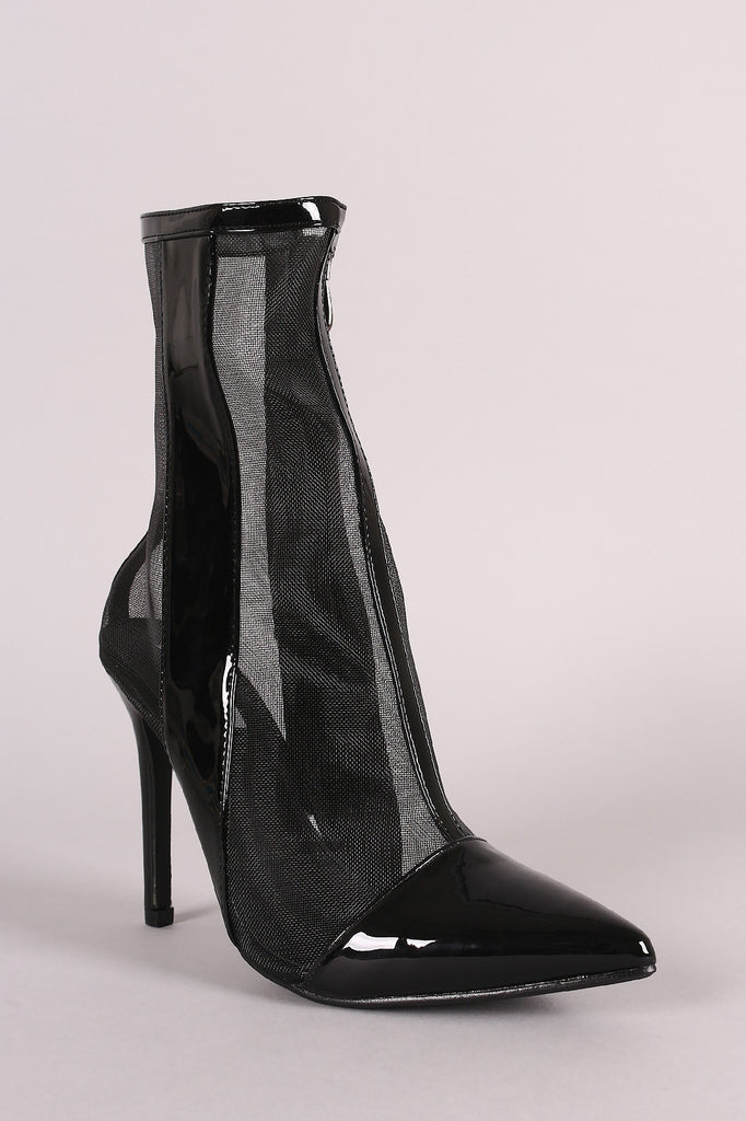 Patent Mesh Inset Pointy Toe Stiletto Ankle Boots