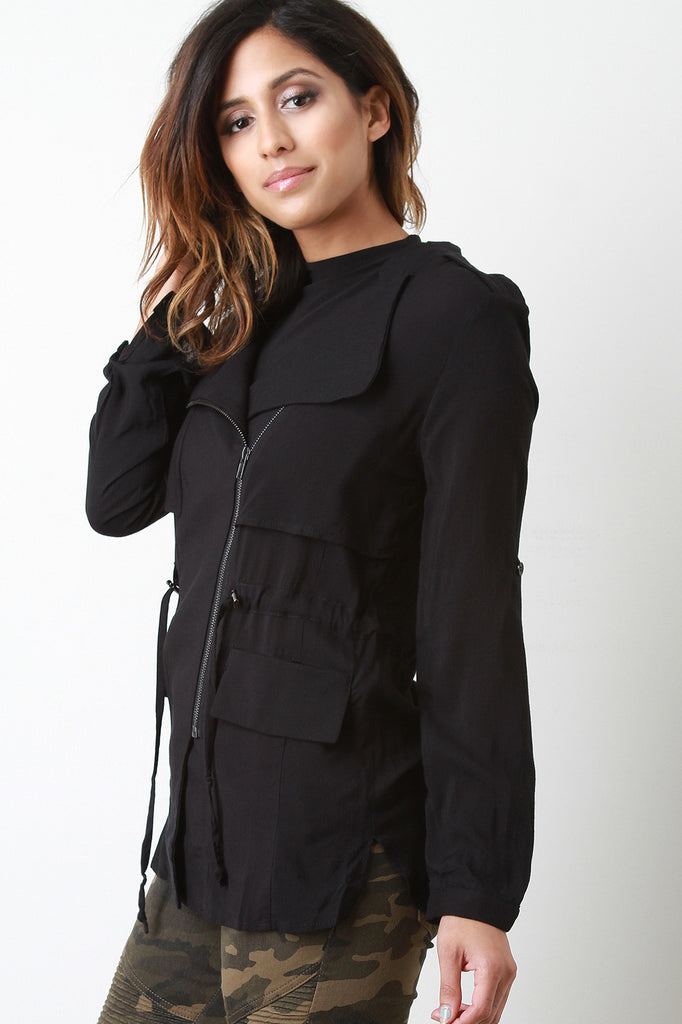 Drawstring Waist Long Sleeves Utility Jacket