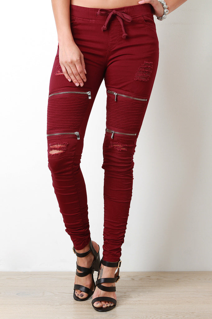 Distressed Moto Style Zip Knee Pants