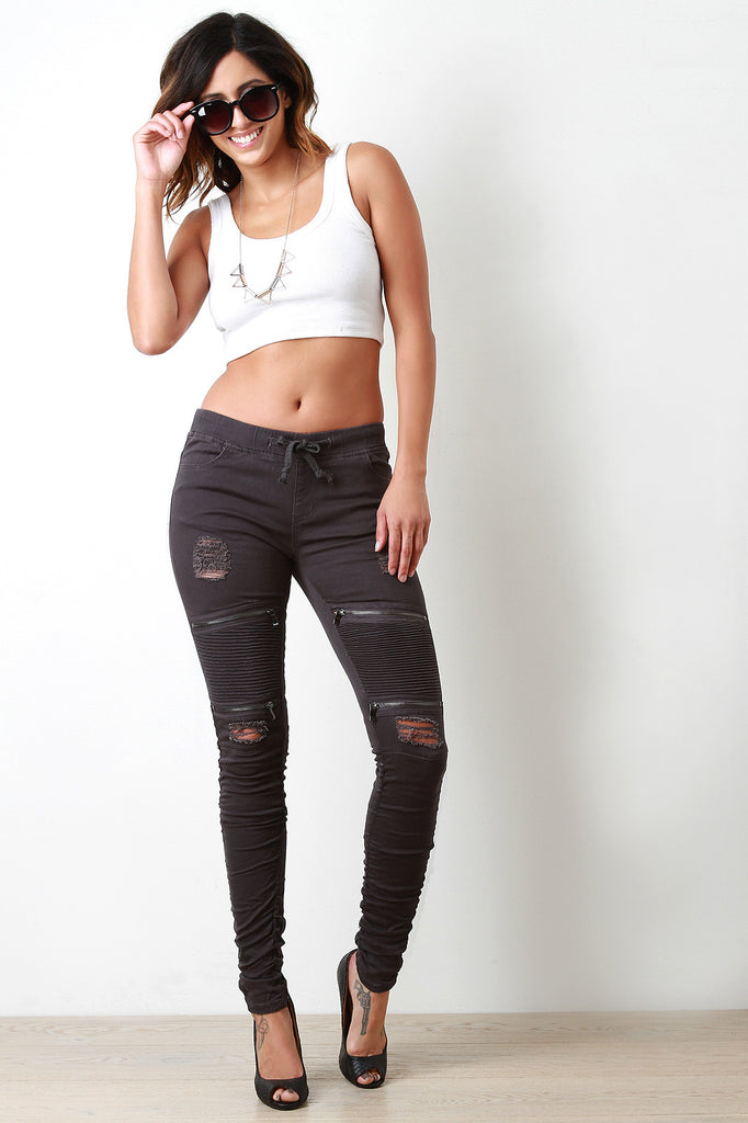 Distressed Moto Style Zip Knee Pants