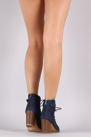 Denim Corset Lace Up Buckled Open Toe Booties