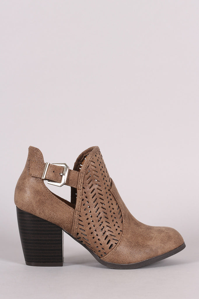 Qupid Perforated Buckle Distressed Chunky Heeled Booties