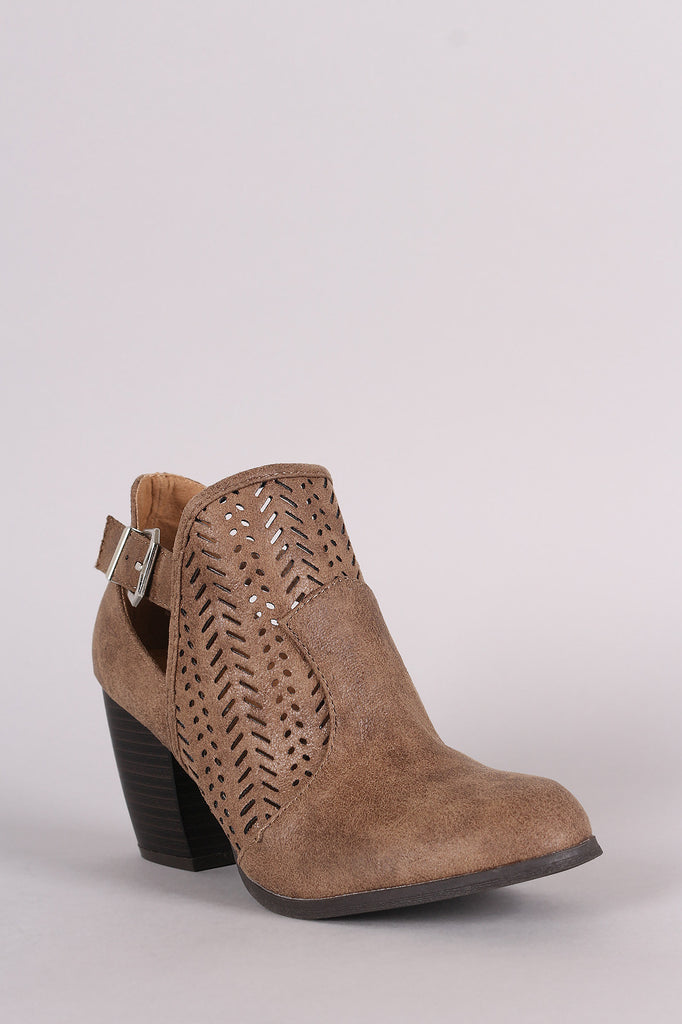 Qupid Perforated Buckle Distressed Chunky Heeled Booties