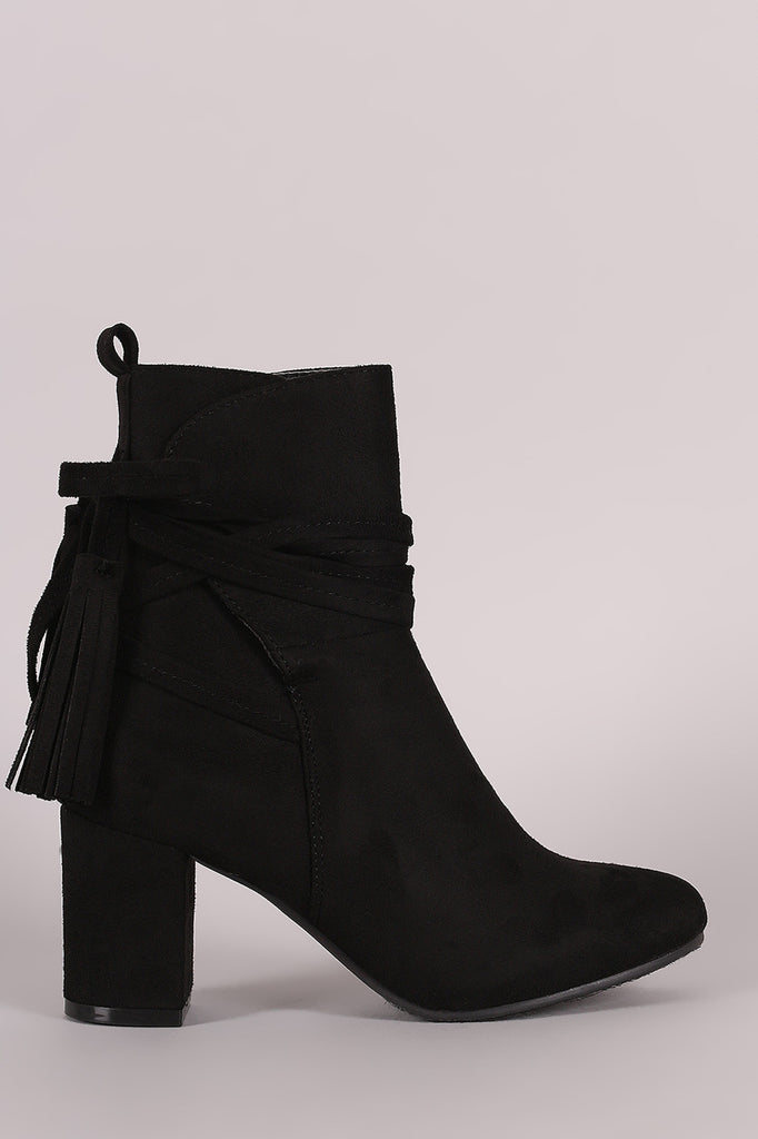 Suede Slit Tassel Lace Wrap Block Heeled Booties