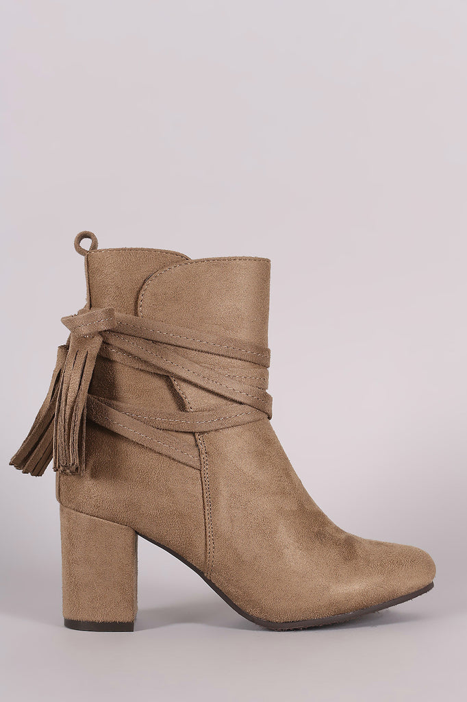 Suede Slit Tassel Lace Wrap Block Heeled Booties