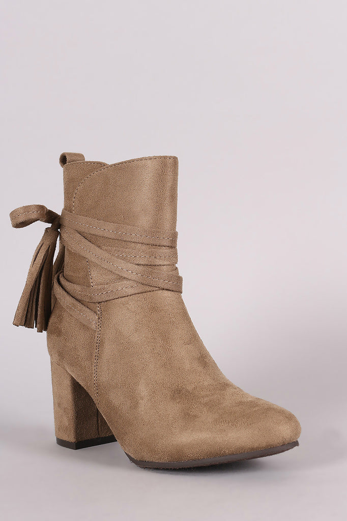 Suede Slit Tassel Lace Wrap Block Heeled Booties