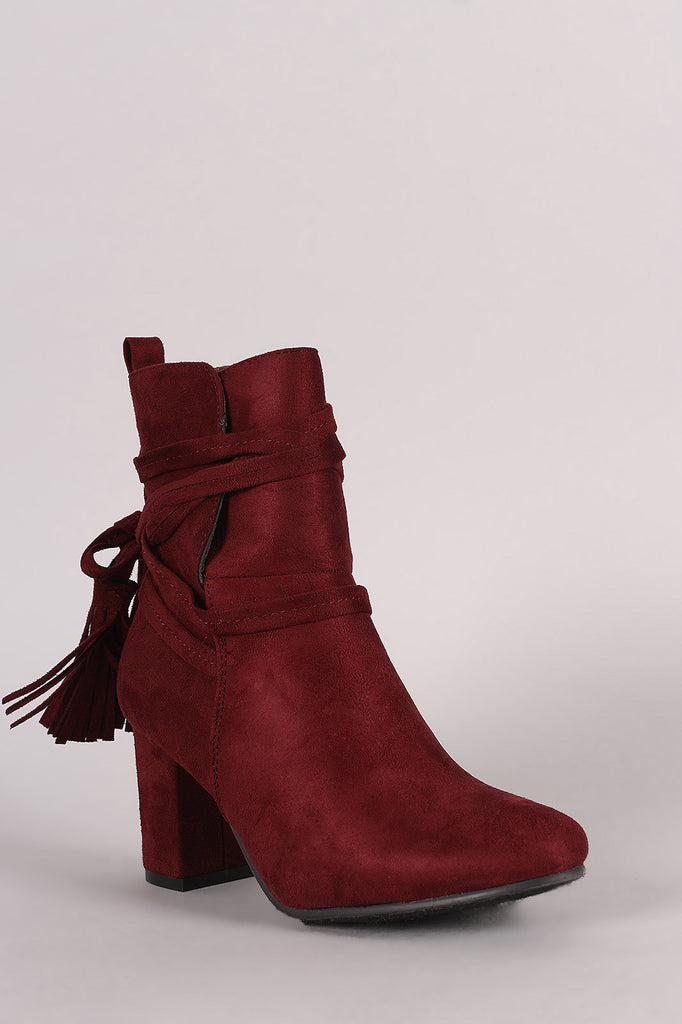 Suede Slit Tassel Lace Wrap Block Heeled Booties