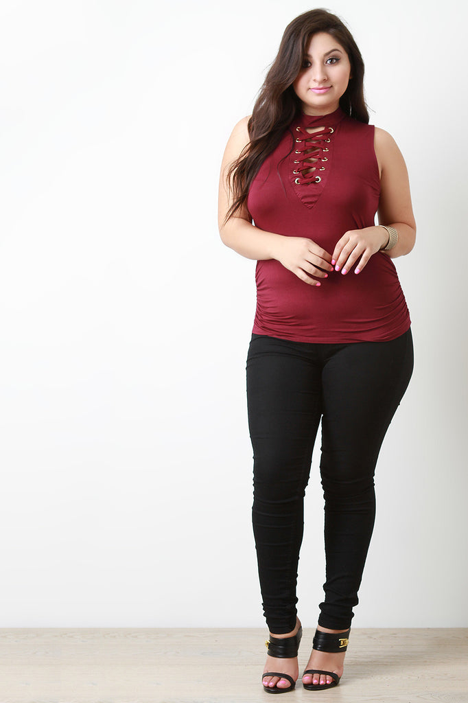 Mock Neck Corset Lace Up Sleeveless Top