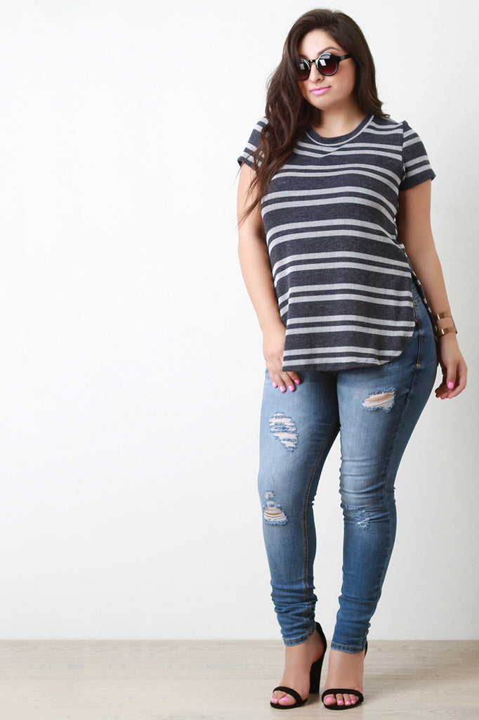 Striped Ribbed Knit Round Hem Top