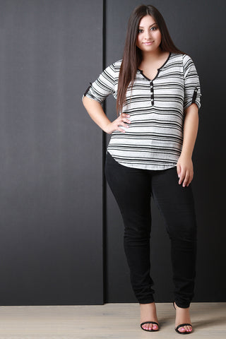 Stripe Split V Neck Button Up Crinkle Top