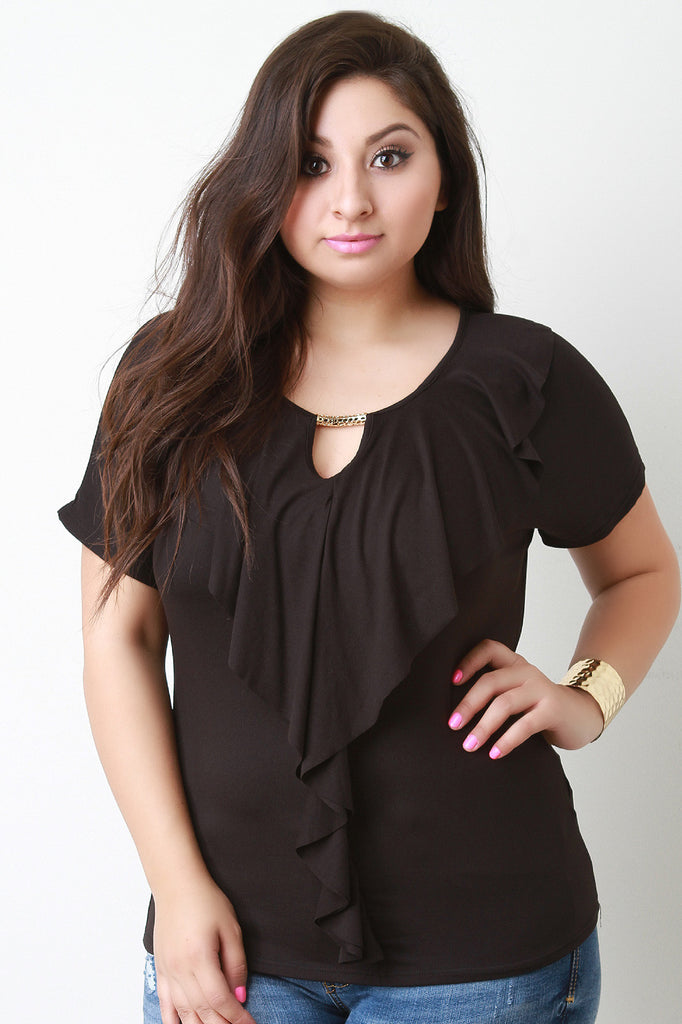 Ruffle and Gold Accent Keyhole Shortsleeve Top