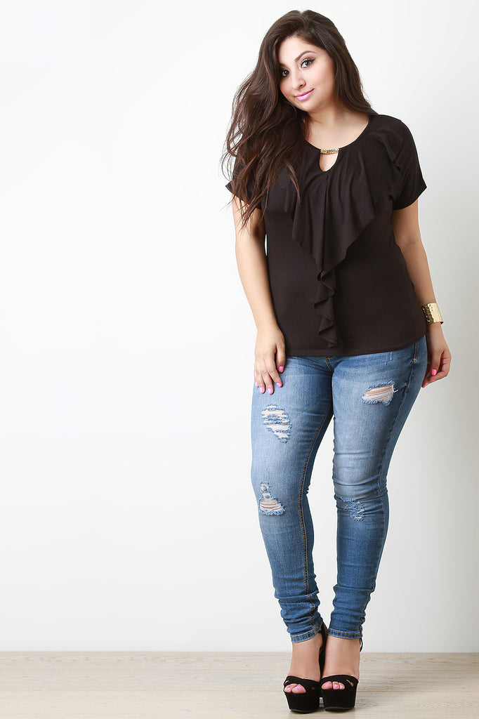 Ruffle and Gold Accent Keyhole Shortsleeve Top