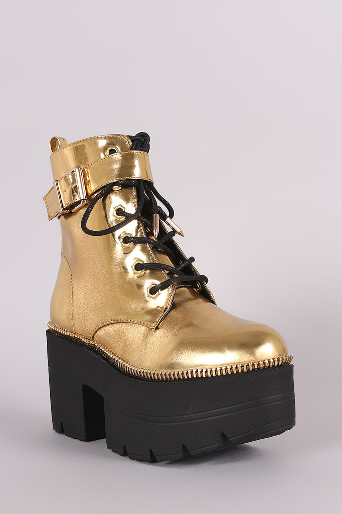 Shoe Republic LA Buckle Lace Up Lug Sole Metallic Chunky Platform Booties