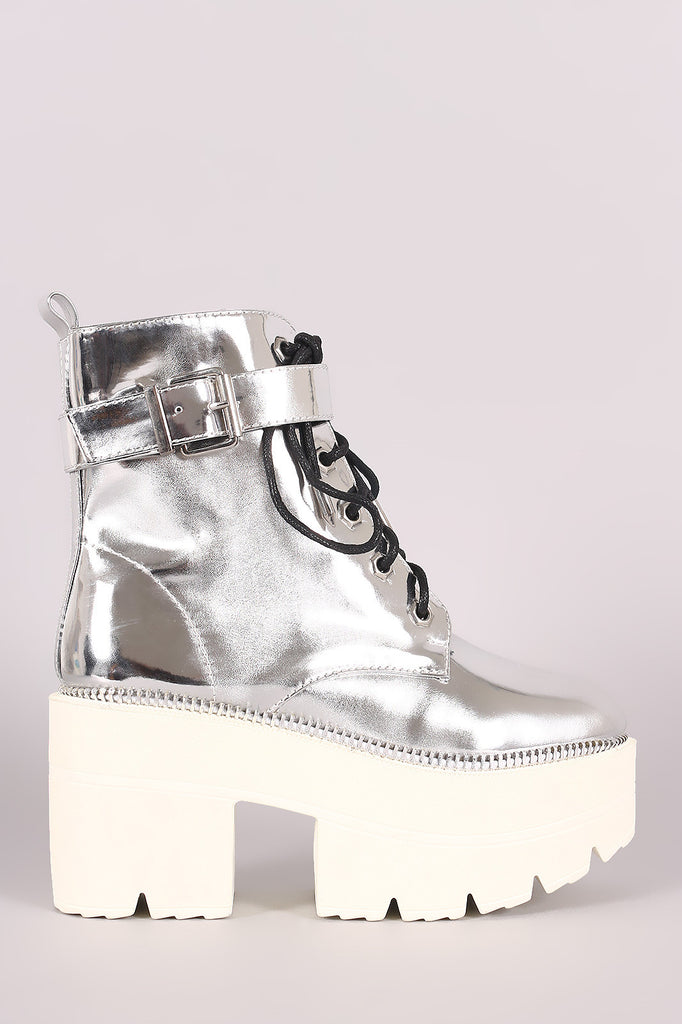 Shoe Republic LA Buckle Lace Up Lug Sole Metallic Chunky Platform Booties