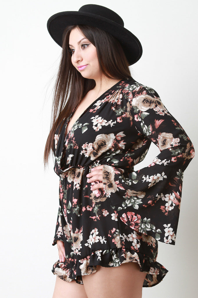 Floral Print Bell Sleeve Surplice Romper