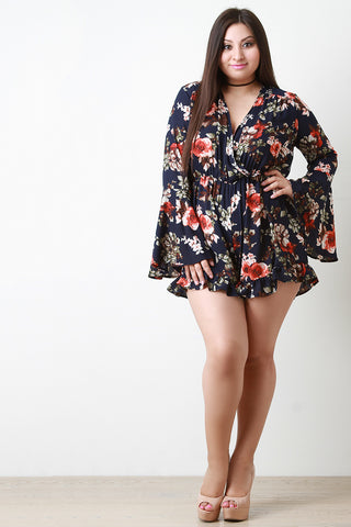 Floral Print Bell Sleeve Surplice Romper