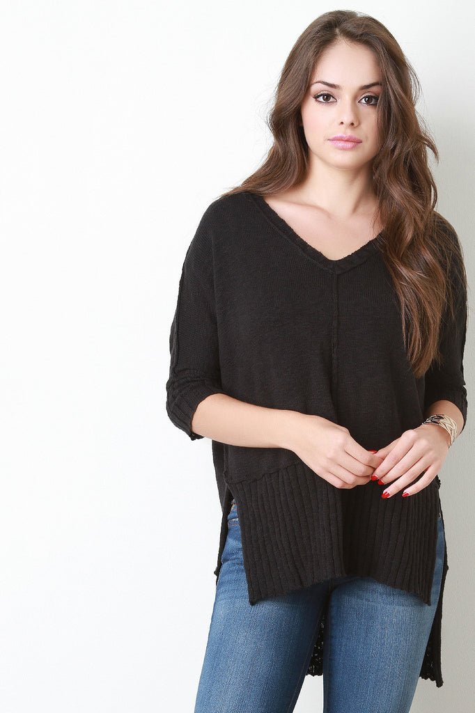 Reversed Look V Neck Rib Knit Sweater