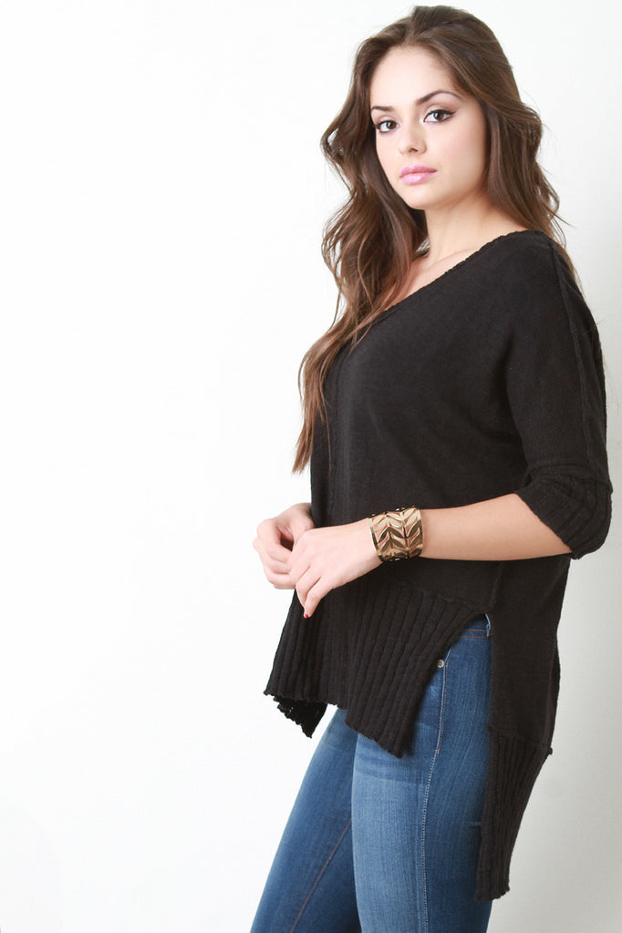 Reversed Look V Neck Rib Knit Sweater