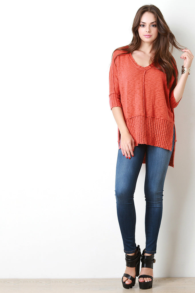 Reversed Look V Neck Rib Knit Sweater