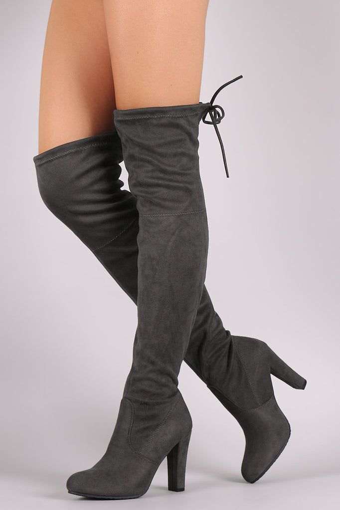 Suede Drawstring Tie Almond Toe Heeled Boots