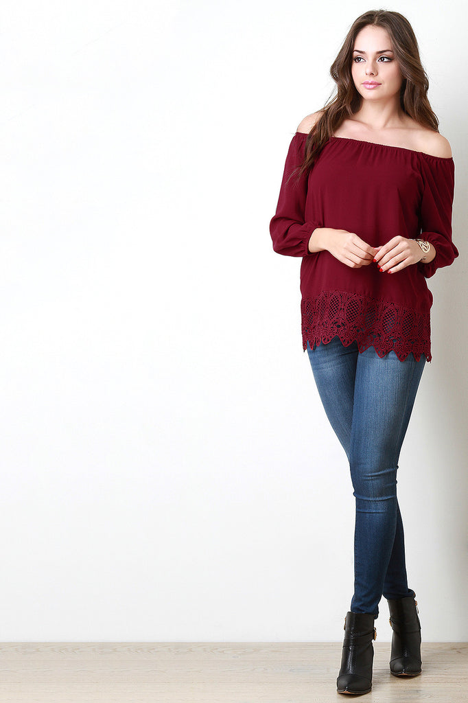 Off The Shoulder Lace Trim Hem Blouse