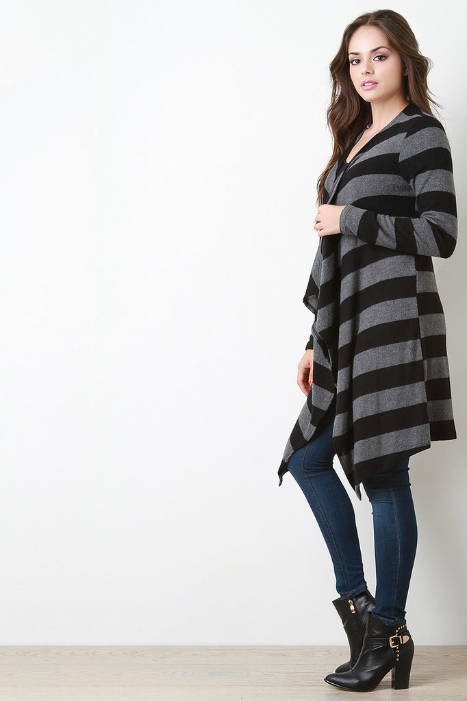 Fuzzy Knit Long Asymmetrical Hem Cardigan