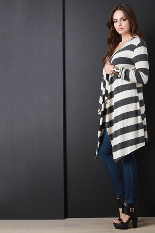 Fuzzy Knit Long Asymmetrical Hem Cardigan