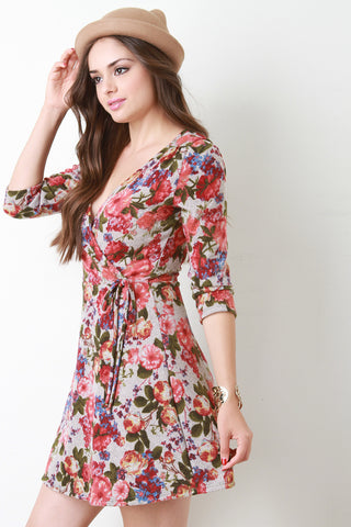 Floral Print Fuzzy Knit Surplice Skater Dress