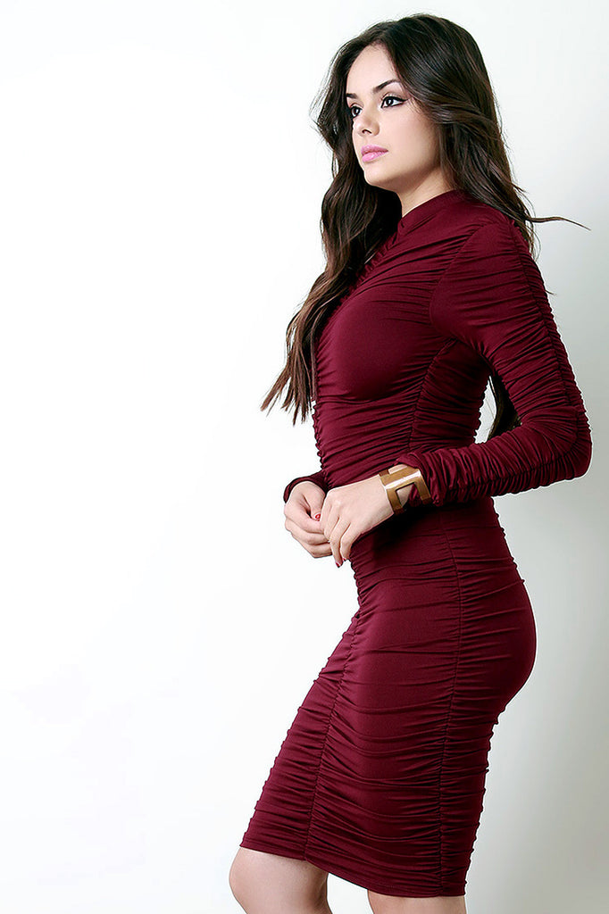 Ruched Longsleeve Mock Neck Bodycon Dress