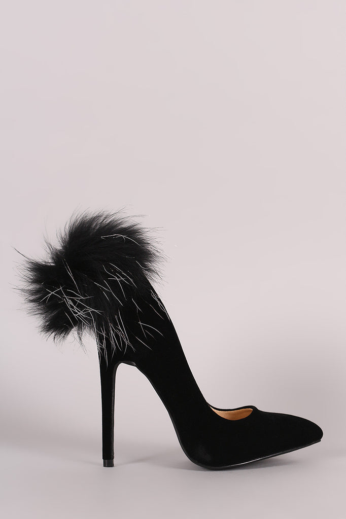 Velvet Fur Pompom Pointy Toe Stiletto Pump