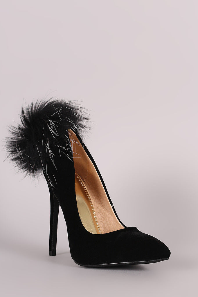 Velvet Fur Pompom Pointy Toe Stiletto Pump