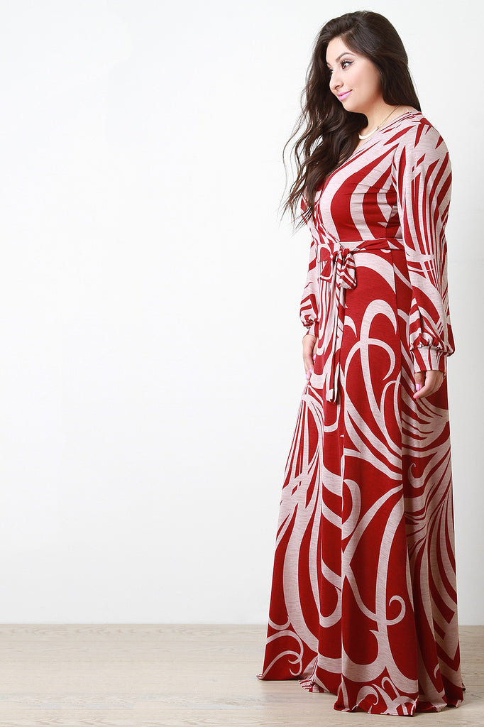 Abstract Curve Lines Surplice Longsleeve Maxi Dress