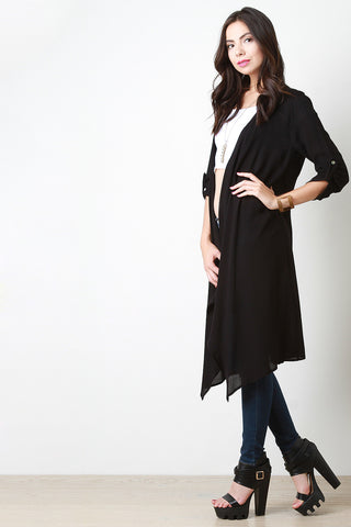 Crinkle Quarter Sleeves Open Front Longline Cardigan