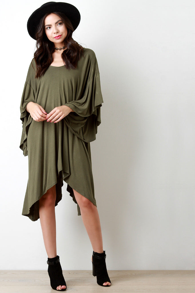 Ruffle Sleeves Sharkbite V-Back Shift Dress