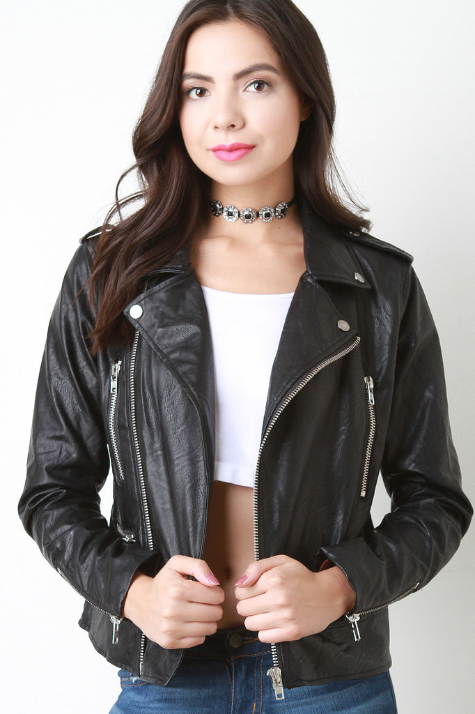 Vegan Leather Zipper Moto Jacket