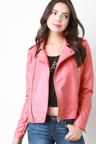 Vegan Leather Zipper Moto Jacket