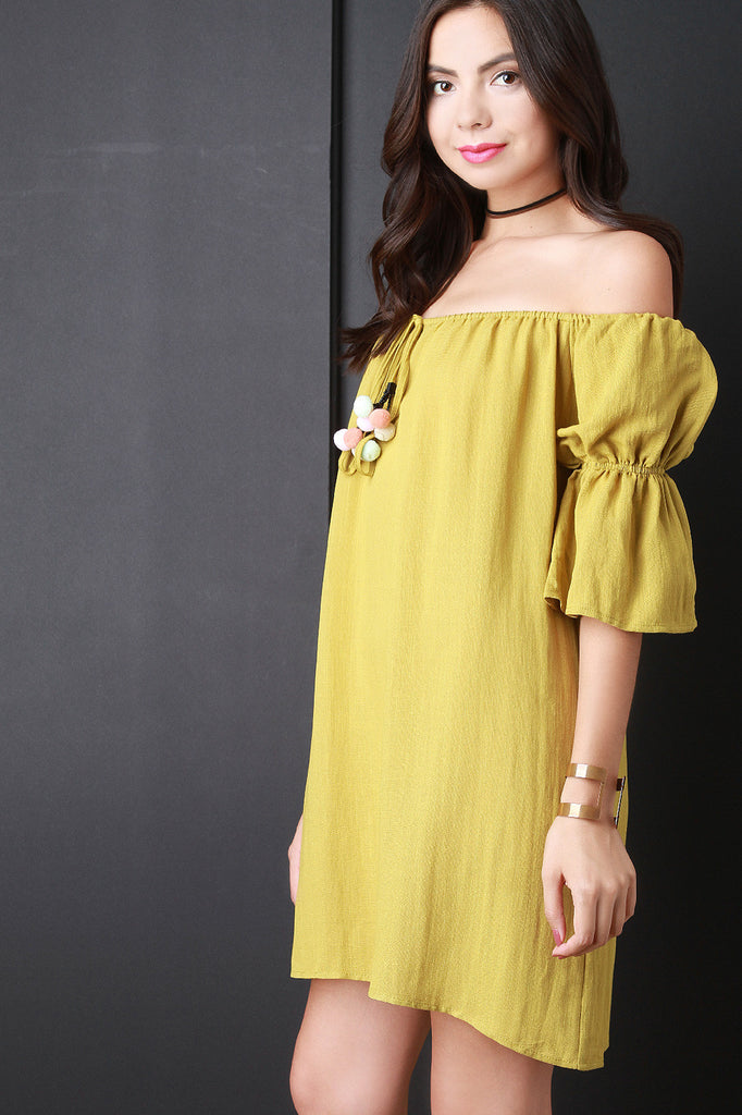 Off The Shoulder Pom Pom Tassel Shift Dress