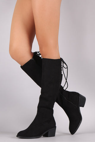 Bamboo Suede Back Lace Up Block Heeled Knee High Boots