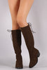 Bamboo Suede Back Lace Up Block Heeled Knee High Boots