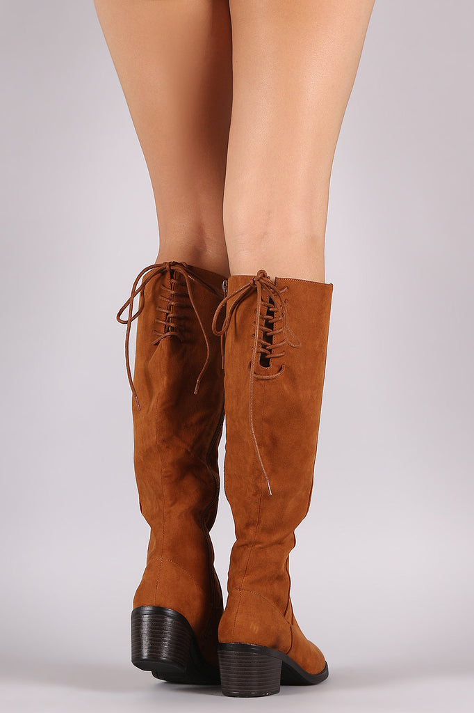 Bamboo Suede Back Lace Up Block Heeled Knee High Boots