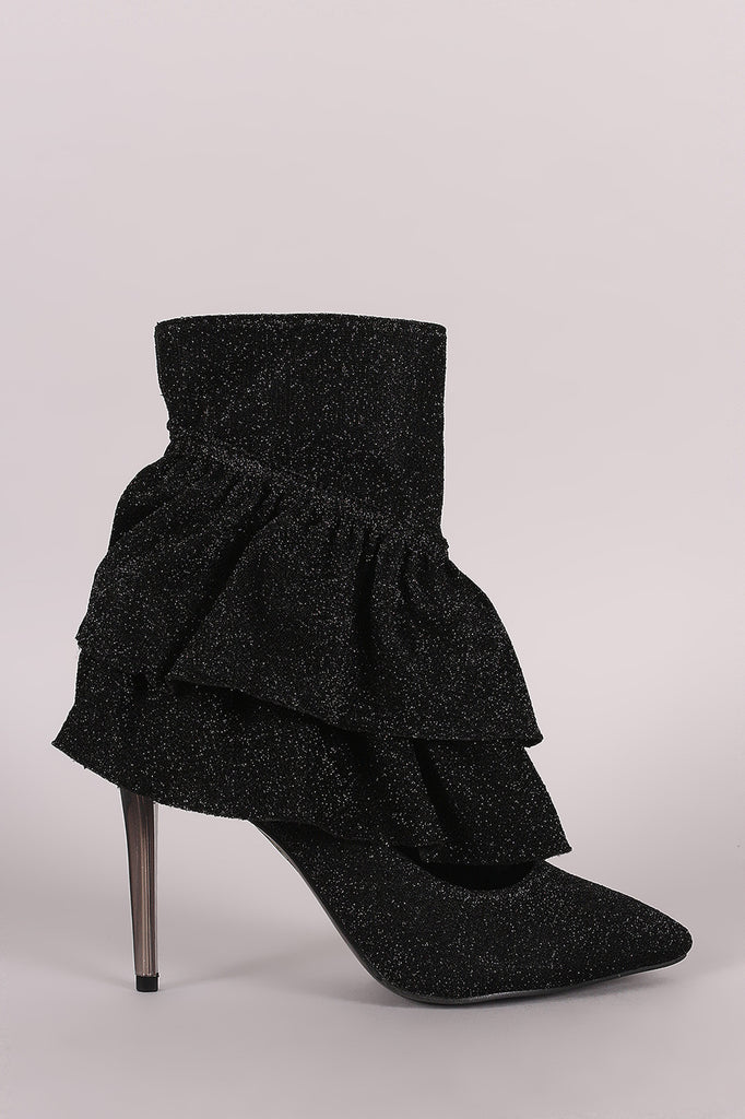 Glitter Tierd Ruffle Cutout Pointy Toe Stiletto Booties