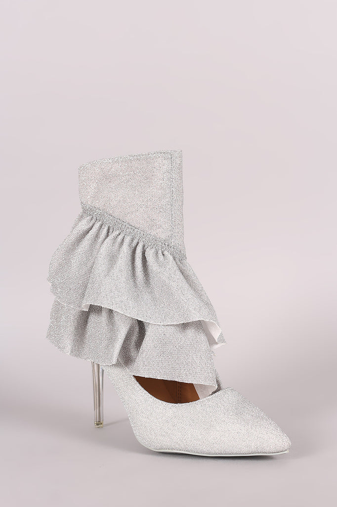 Glitter Tierd Ruffle Cutout Pointy Toe Stiletto Booties