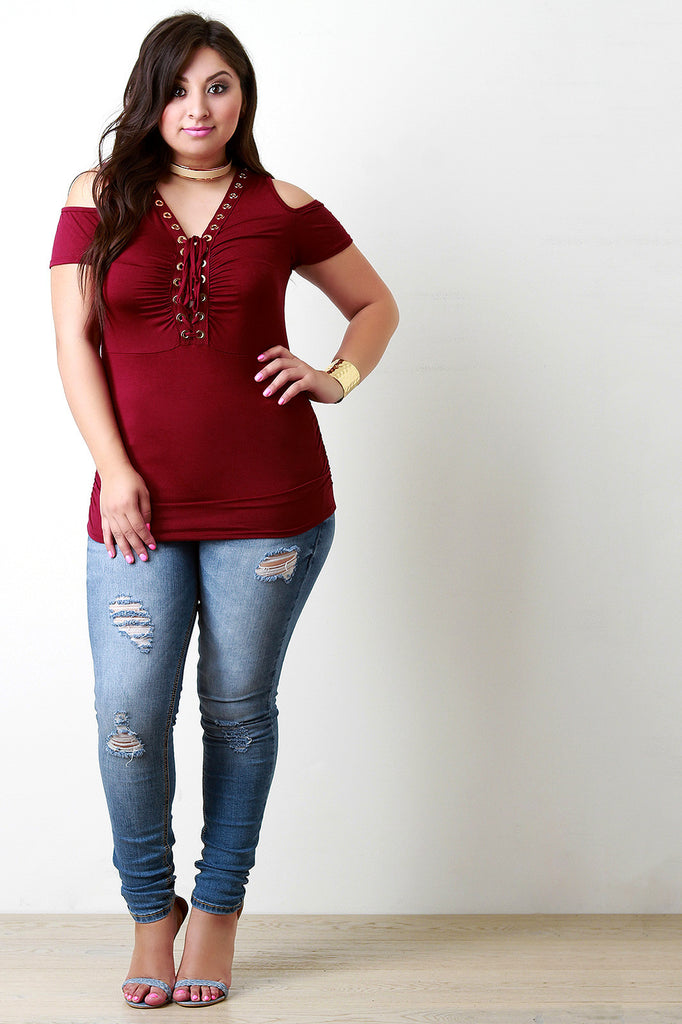 Lace Up V-Neck Eyelet Trim Cold Shoulder Top