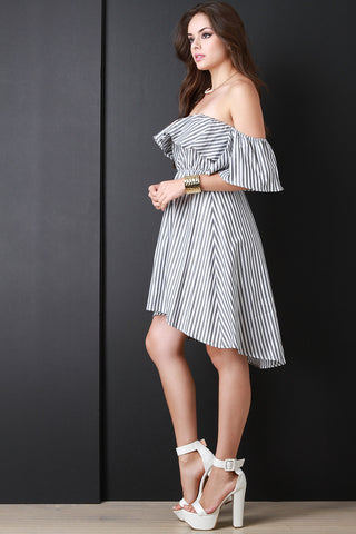 Striped Flutter Bardot High Low Dress